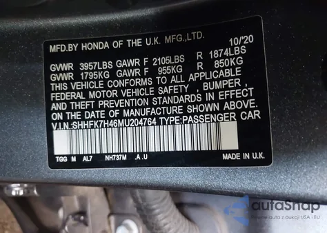 2021 Honda Civic Sport из США, поврежденный, VIN SHHFK7H46MU204764